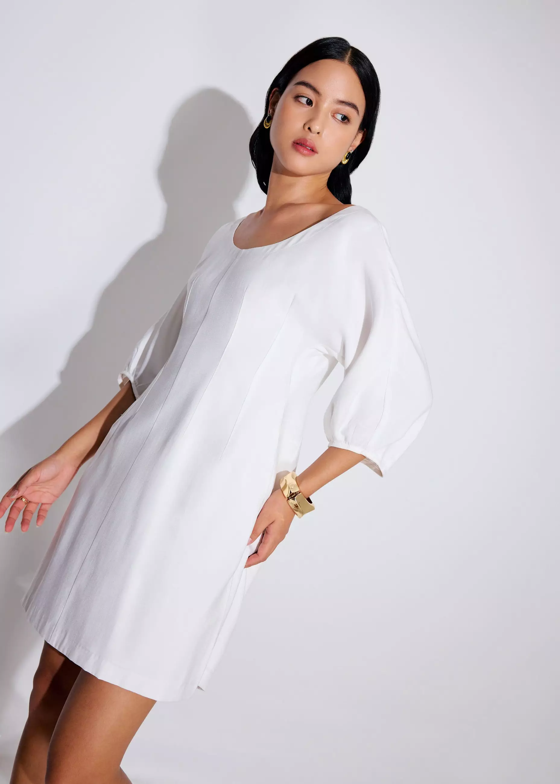 Dress Wanita - Scoop Neck Puff Sleeve A-Line Mini Dress