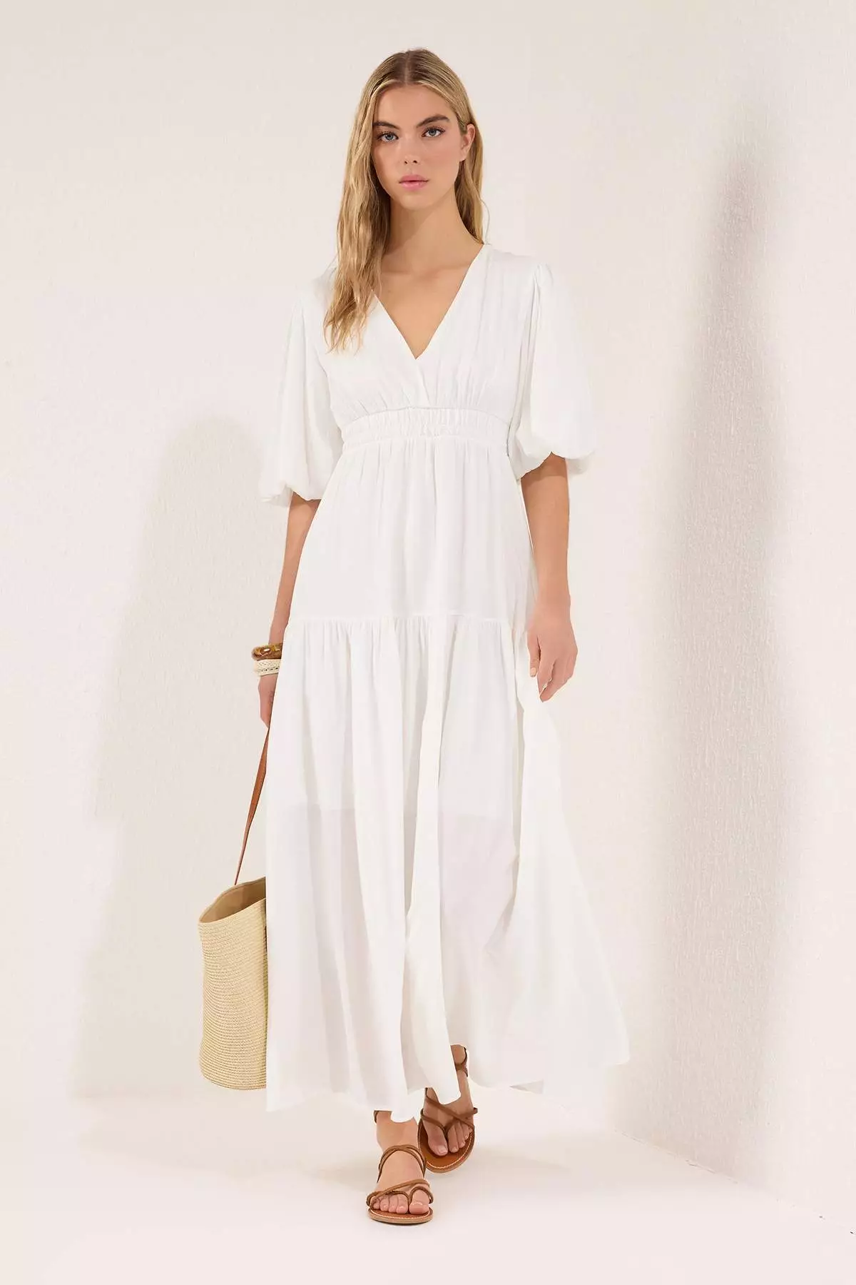 White Plain Lined Maxi Woven Dress Twoss25El00776