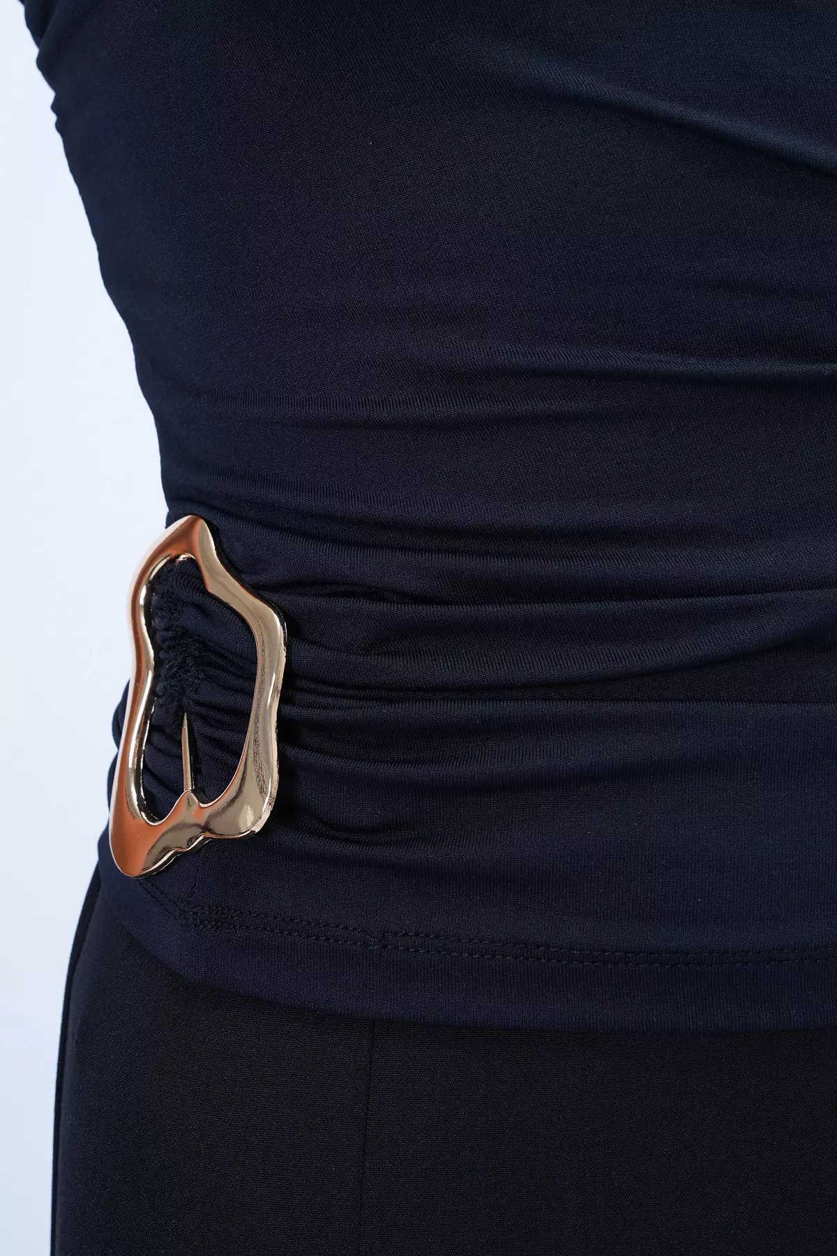 Women's Black Waist Draped Accessory Detailed Single Sleeve Sandy Blouse Alc-X14414