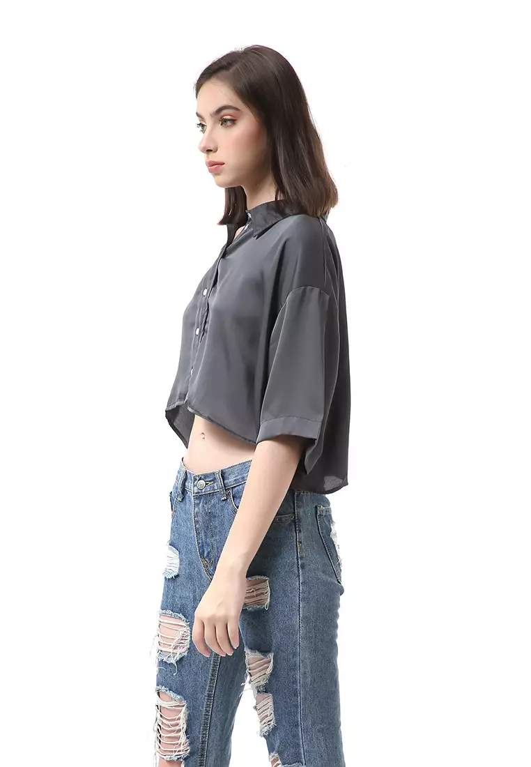 Brielle Atasan Wanita Kemeja Oversize Plain Motive Lengan Pendek Material Satin ORIGiNAL - Pine Green