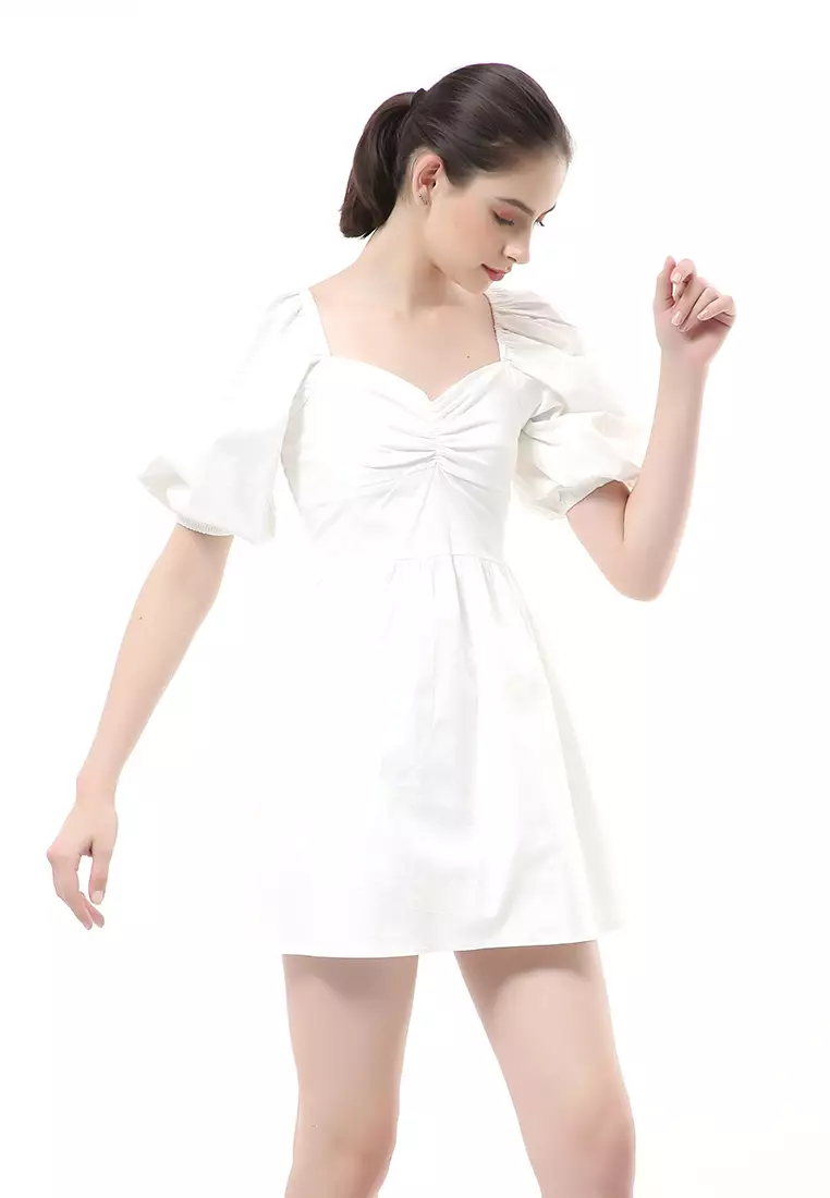 Rachel Dress Wanita Ballerina Pluffy Baloon Sleeve Simple Elegant Material Cotton ORIGINAL - Broken White