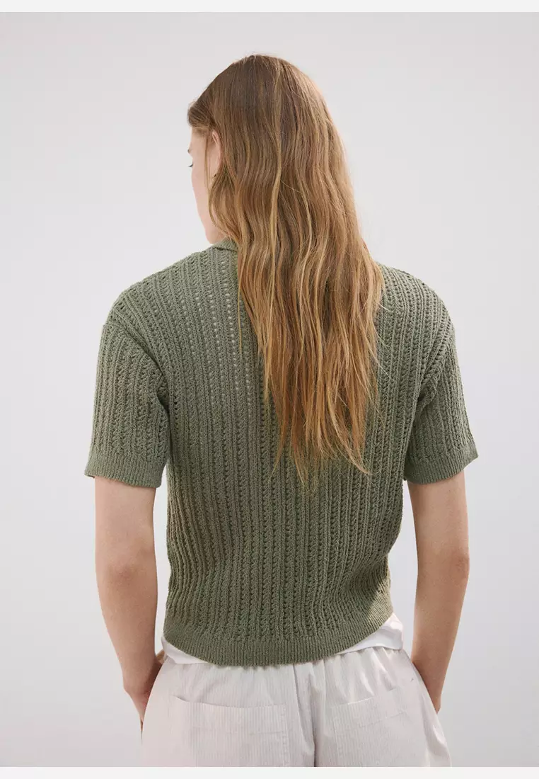 Openwork Knitted Polo-Neck Sweater