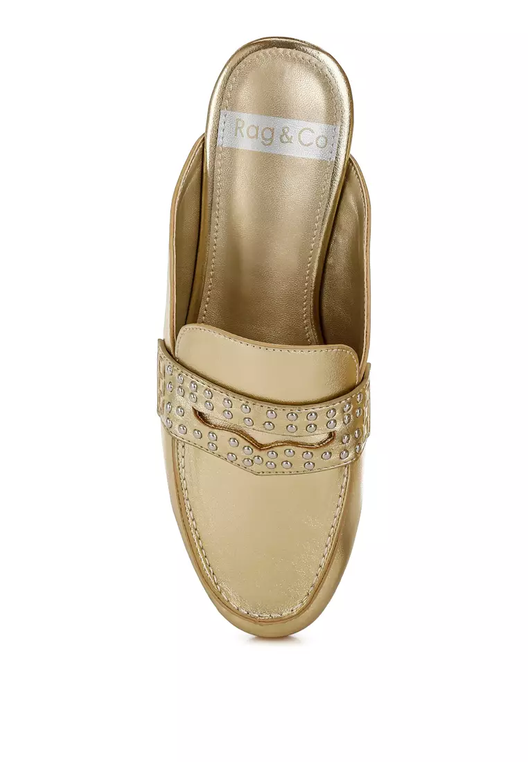 Stud Detail Metallic Pleather Mules in Gold