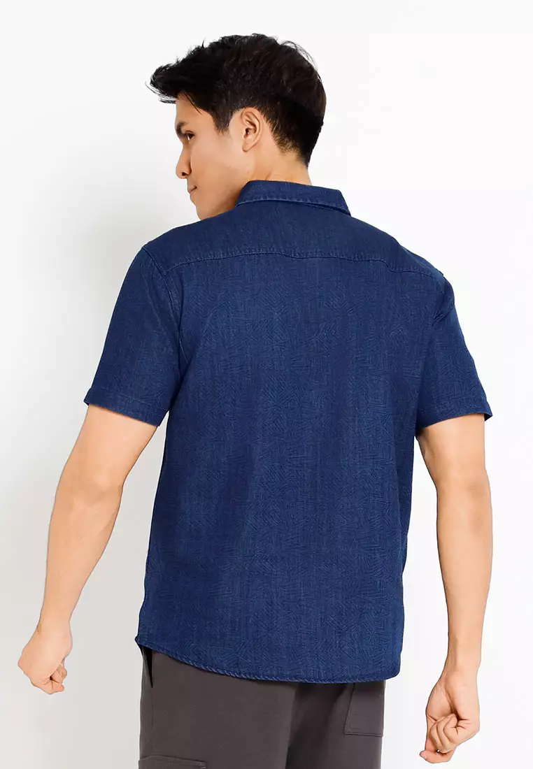 Forest Woven Regular Fit Printed Collar Short Sleeve Men Shirt | Baju Kemeja Lelaki - 621446-33Navy