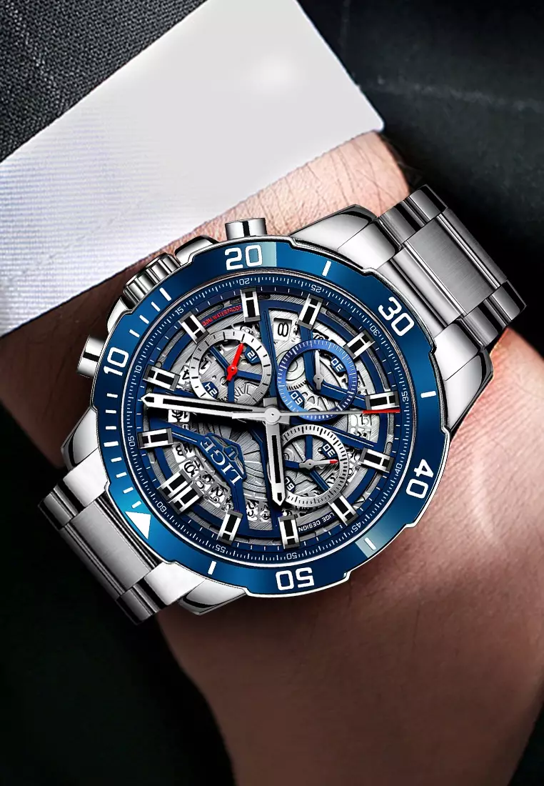 Chronograph Unisex Stainless Steel Quartz Watch, 45mm, Blue Bezel, Skeleton dial on Steel Bracelet
