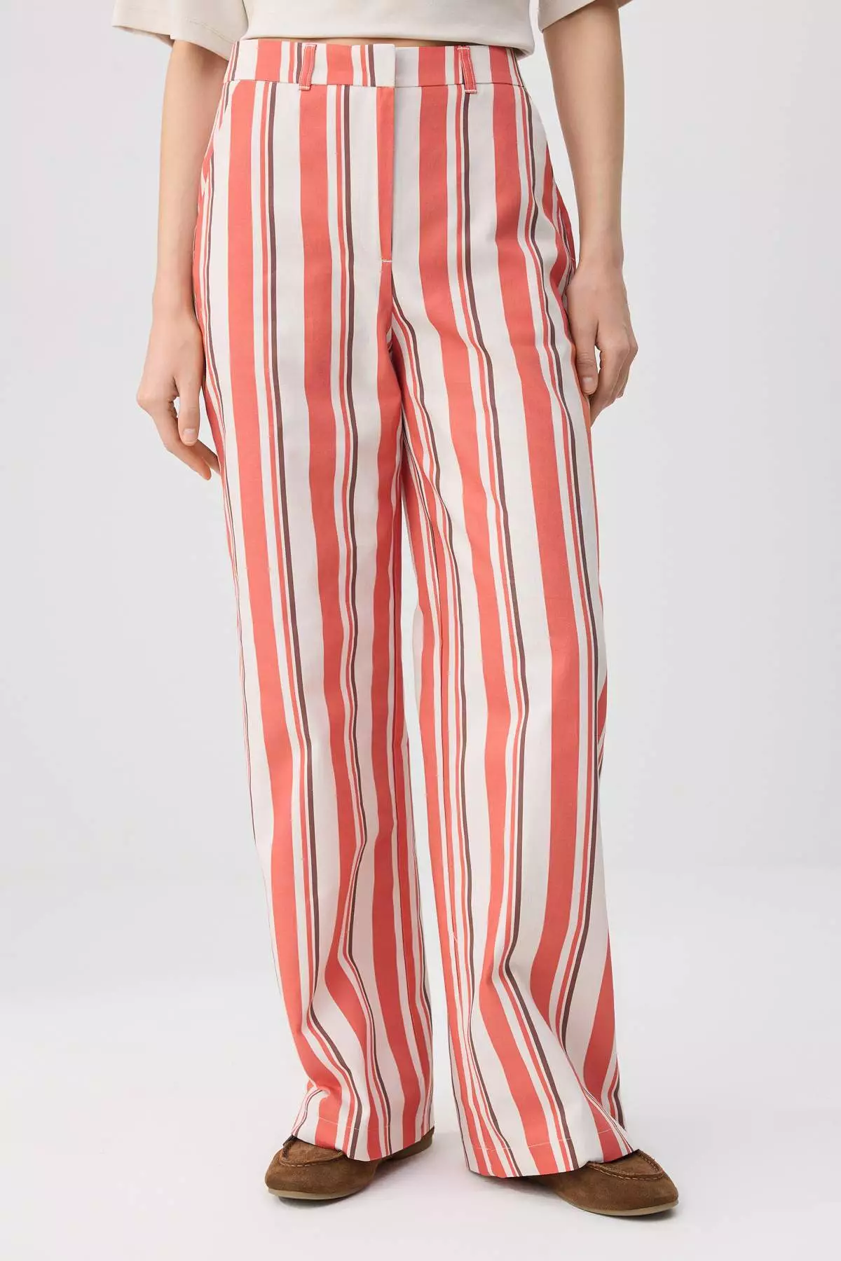 Red-Multicolored Gabardine Striped Patterned Wide Leg /Wide Leg Trousers Twoss26Pl85