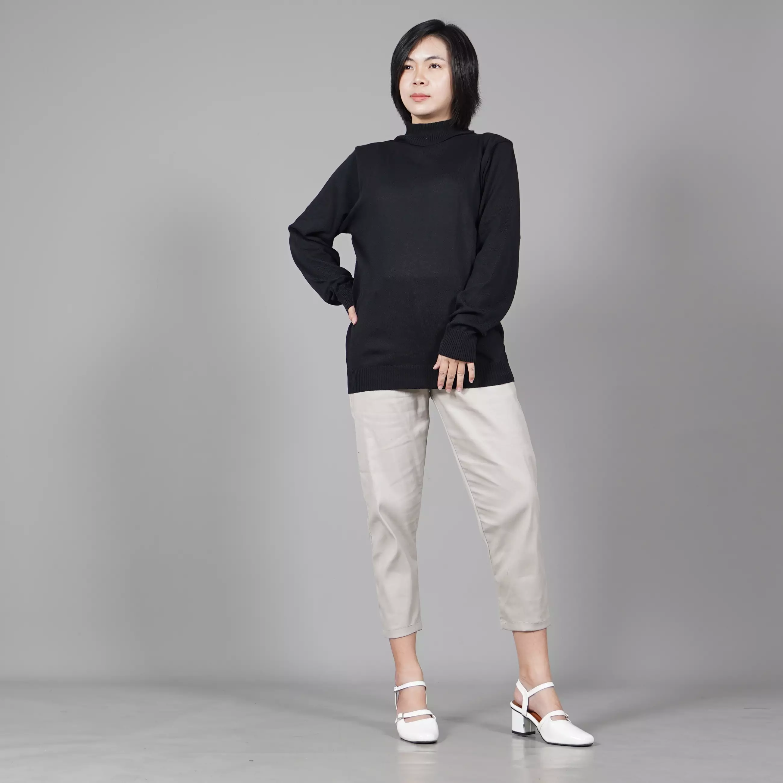  JEHOON Turtle Neck Wanita Knit Sweater Turtle Neck - HITAM