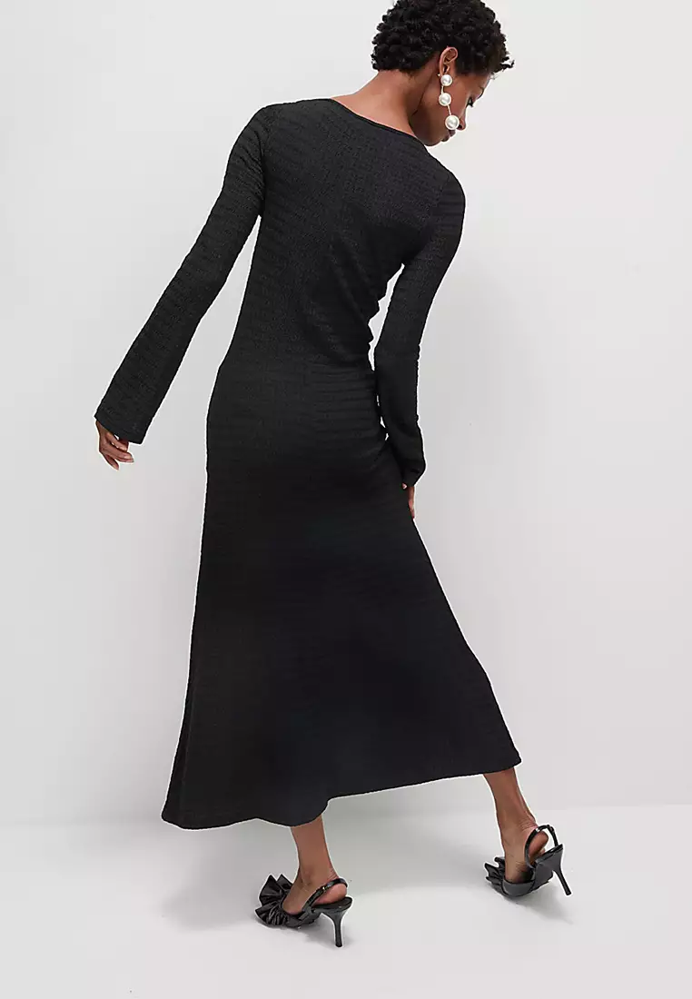 Textured Round Neck Midi Column Dress