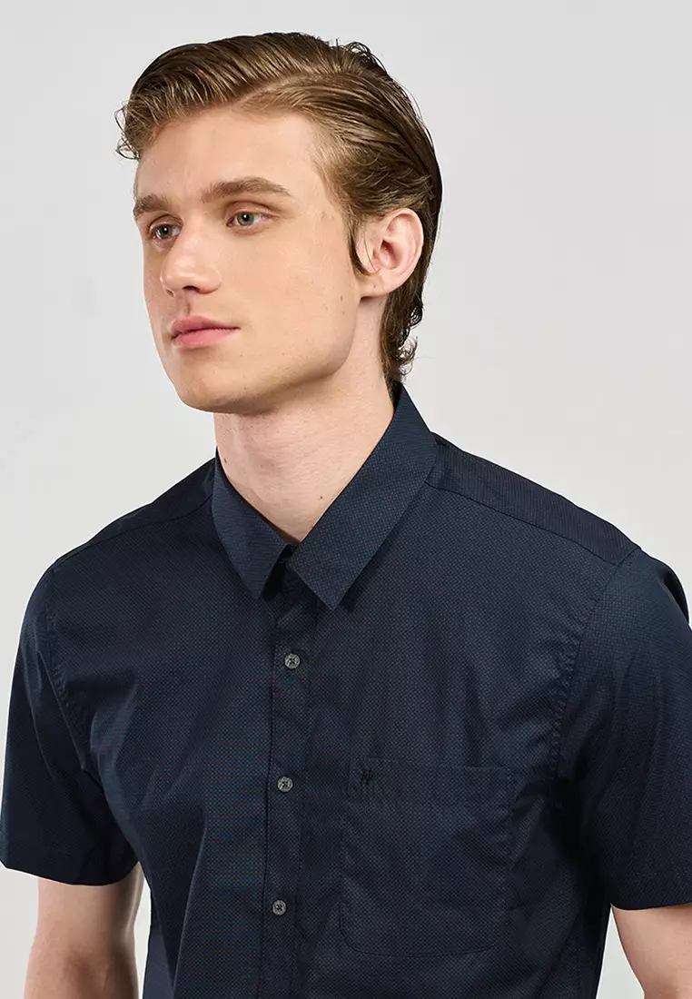 Men's Slim Fit Black Microprint Short Sleeve Shirt
