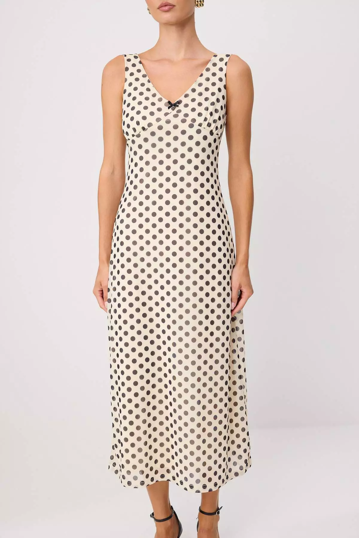 Cream Polka Dot Bow Maxi Knitted Dress Twoss25El00361