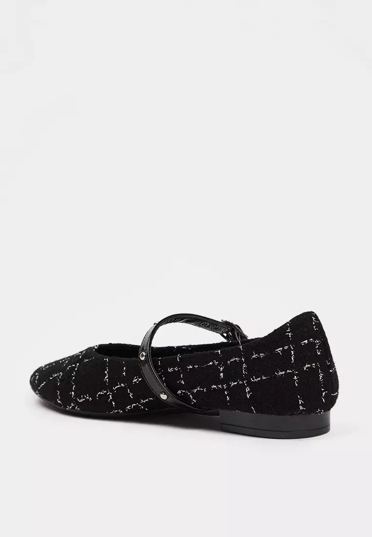 Black Tweed Mary Jane Bird Eye Tape Pointed Toe Women's Ballerinas Takeaw26Be00004