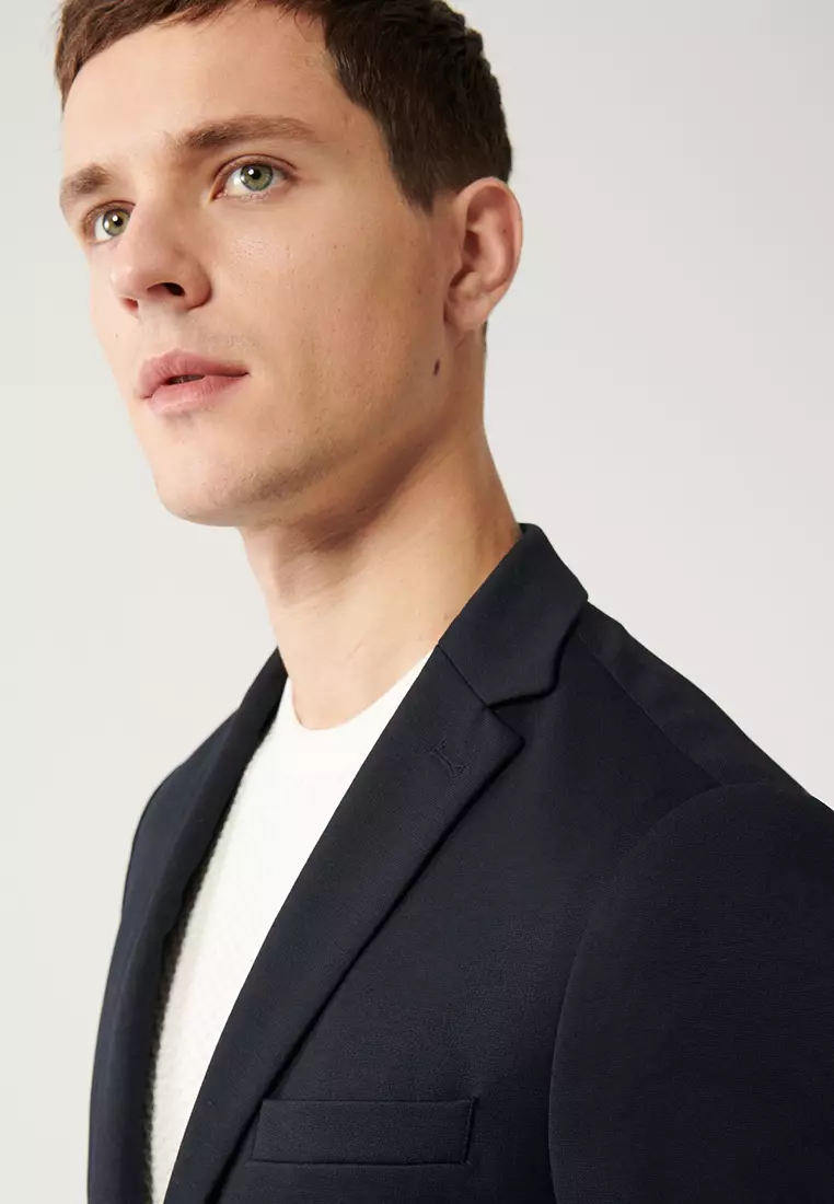 Men's Navy Blue Mono Collar Double Slit Unlined Knitted Jacket B004001