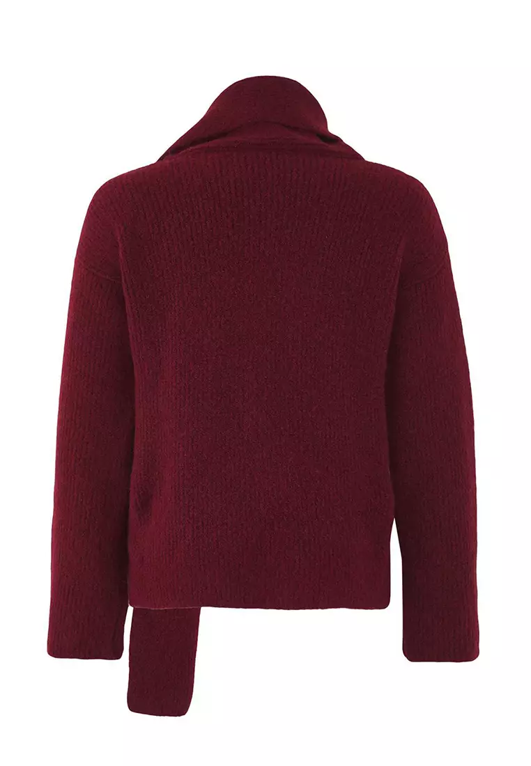 Burgundy Wool Blend Beard Yarn Shawl Collar Detailed Knitwear Sweater Twoaw26Kz00008