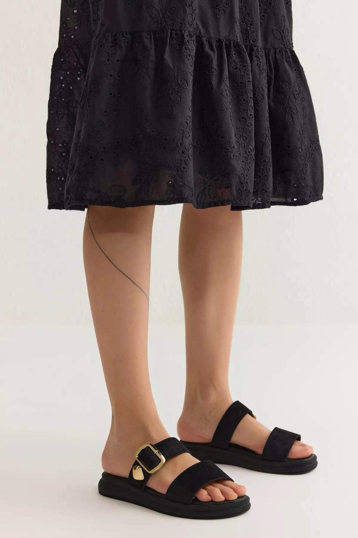 Black Suede Gold Buckle Flat Women's Slippers Takss25Te00006