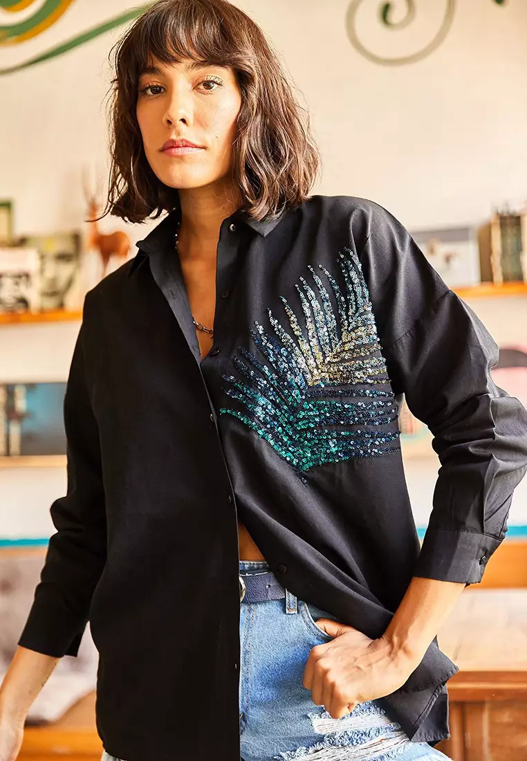 Sequin Oversized Poplin Shirt