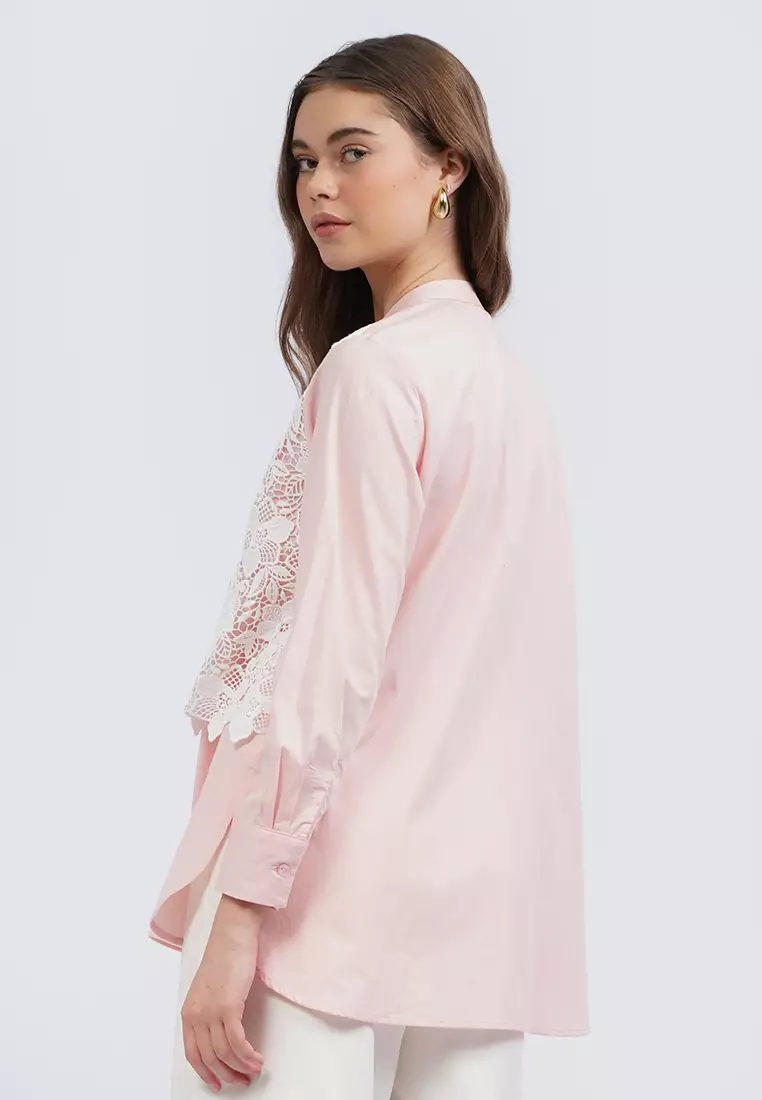 Eyelet Panel Long Sleeve Blouse LT. PINK