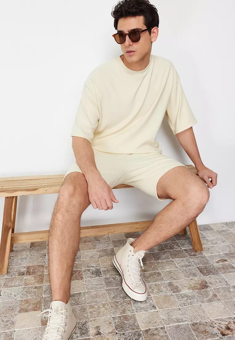 Ecru Premium Oversized Crew Neck Short Sleeve Textured Ottoman T-Shirt