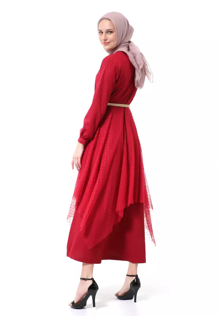 Zahwa Long Dress Gamis Muslimah Long Sleeve Free Belt High Quality - Maroon