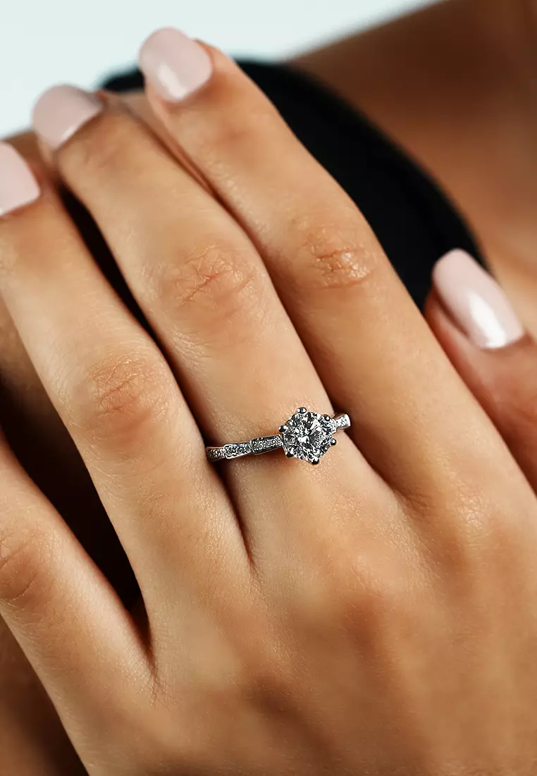 1.04ct Modern Six-Prong Certified Lab Grown Diamond Engagement Ring with Geometric Band in 18K White Gold
