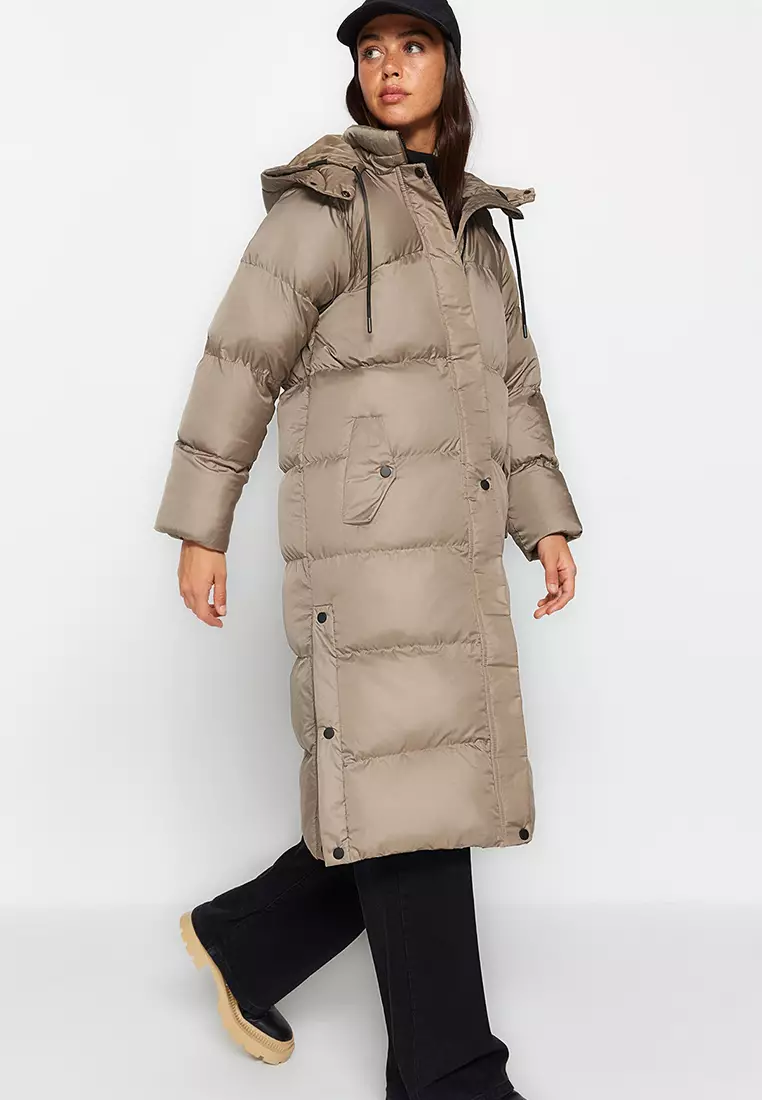 Mink Regular Hooded Water Repellent Long Puffer Coat with Side Snap Detail TWOAW24MO00104