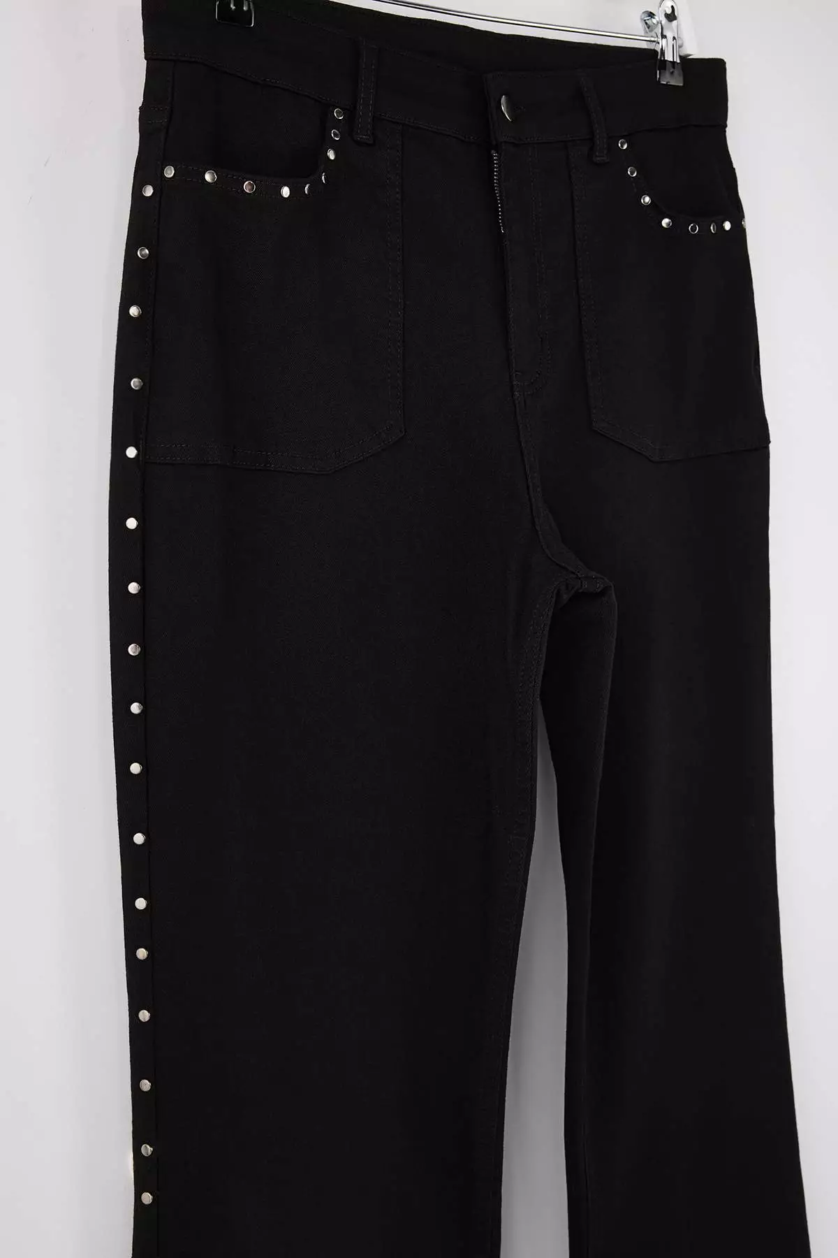 Non-Fading Black High Waist Trok Detailed Stretchy Straight Fit Denim Plus Size Jeans Tbbss26Cj00005