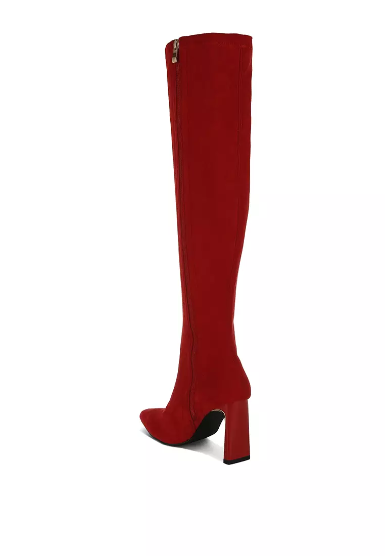 Red Slim Block Heel Long Boots