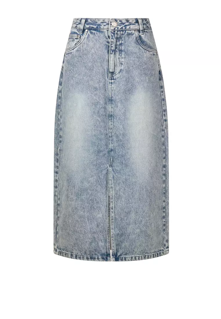 WOMEN'S WASHED DENIM MIDI SKIRT
