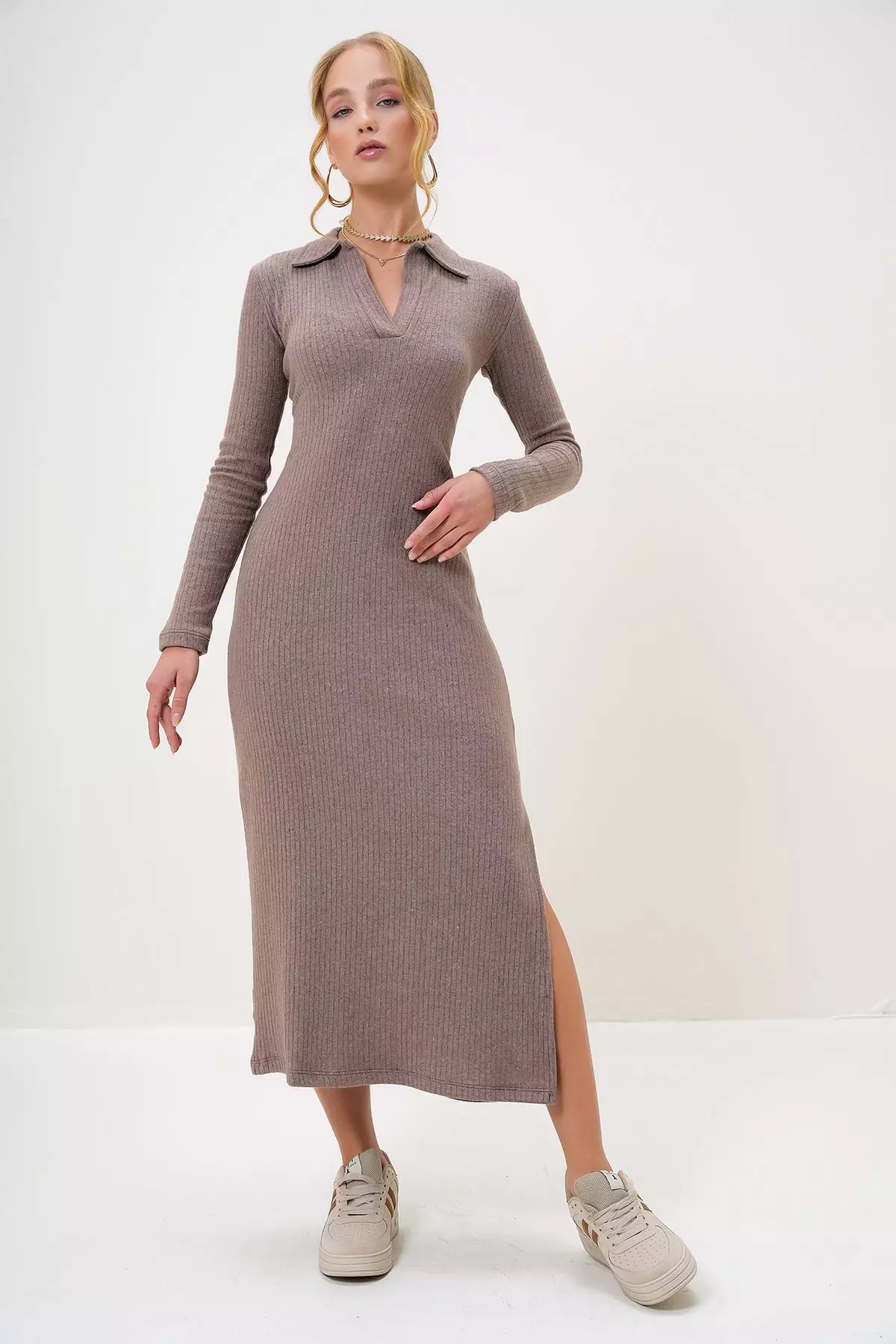 Women's Mink Polo Collar Half Placket Side Slit Interlock Fabric Dress