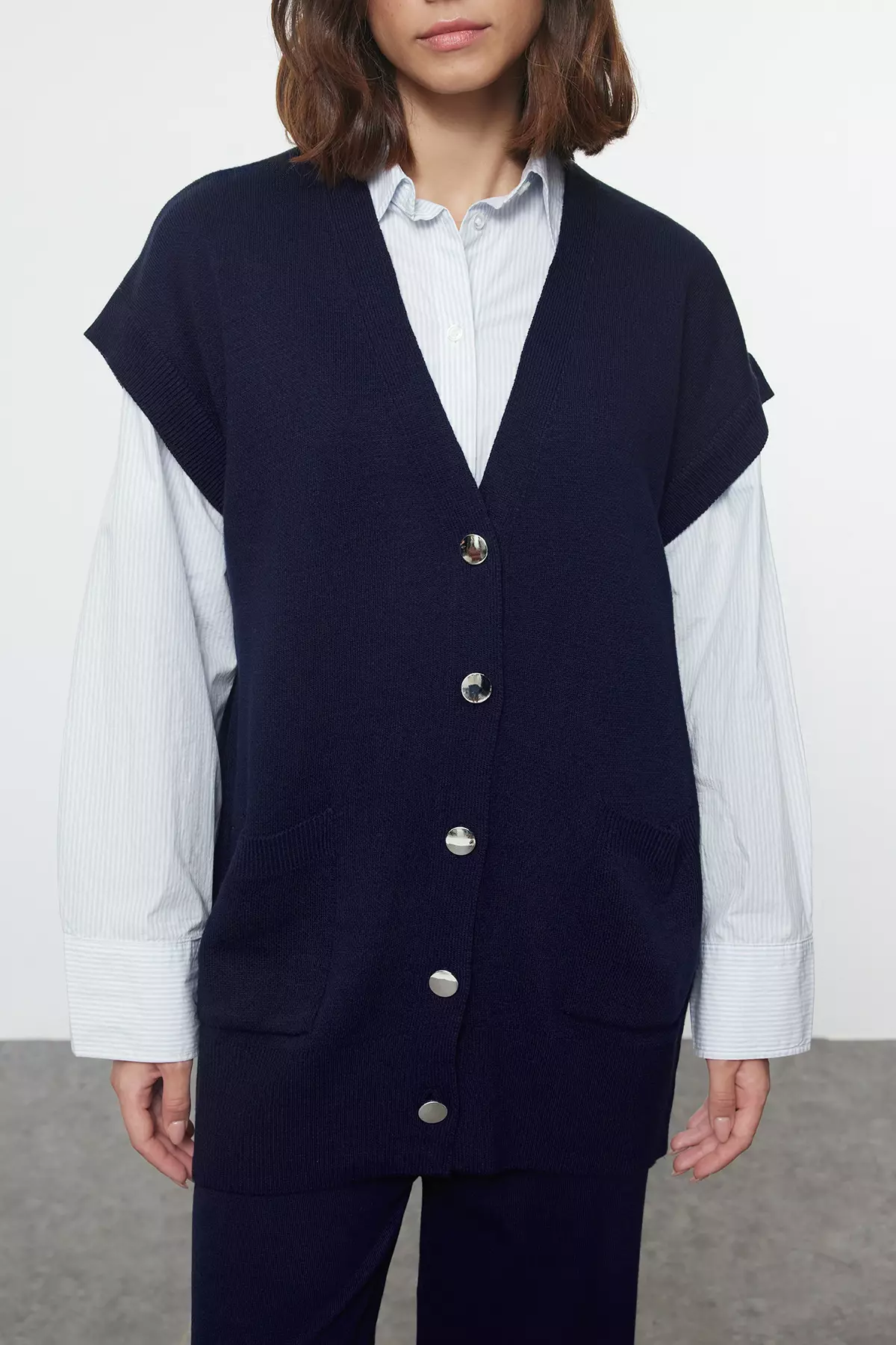 Navy Blue Knitwear Vest And Trousers Set - Tctaw25Us00032