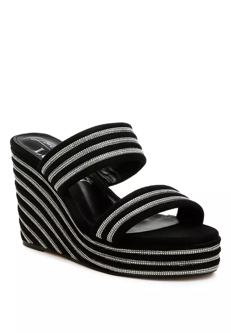Sandal Wedges Berhias Berlian Imitasi dalam Warna Hitam