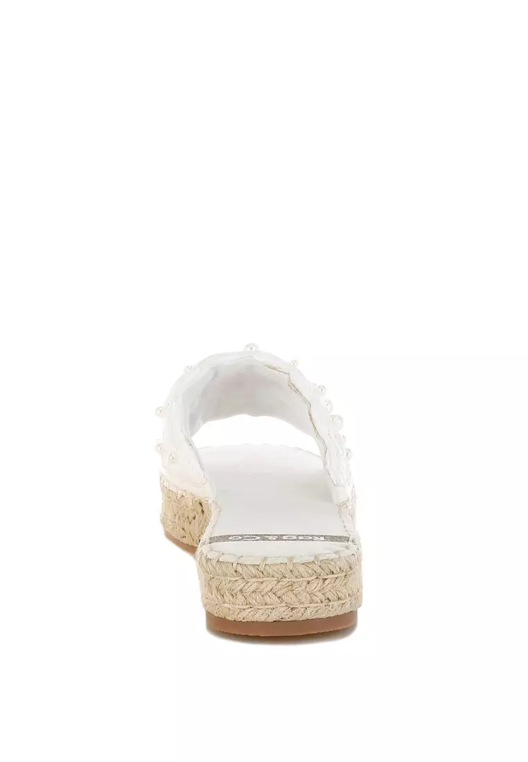 Pearl Embellished Woven Flats In White