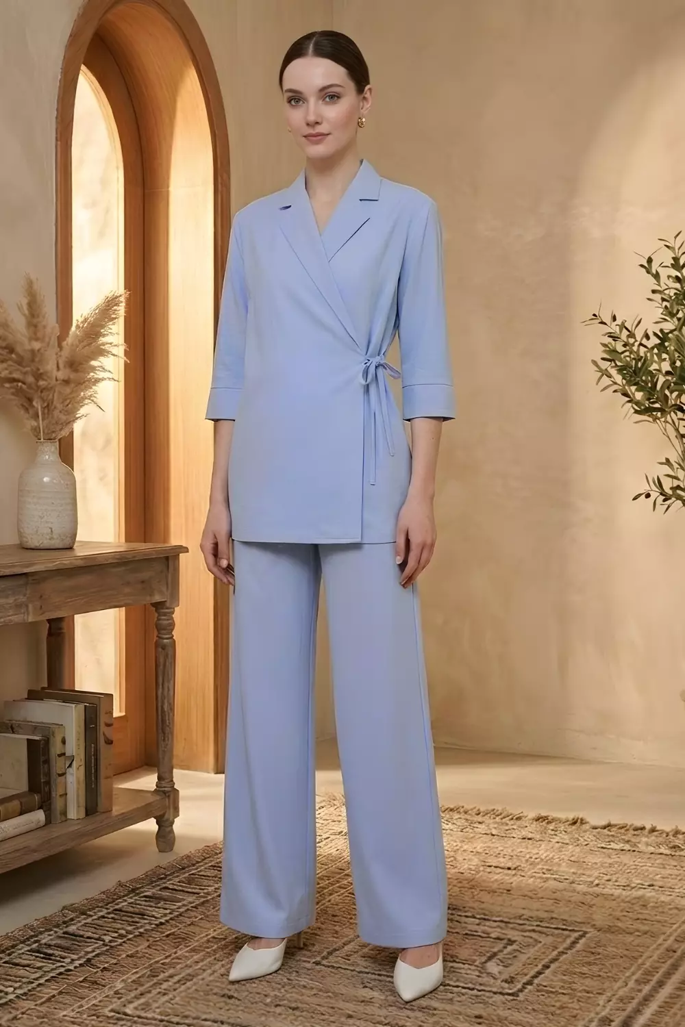 Essentials Linen Travel Set - Kimono Blazer Shirt with Straight Pants Blue (One Set Shirt & Pants)
