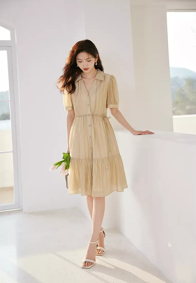 Hopeshow Simple Puff Sleeve Button Front Shirt Dress 2025 Buy