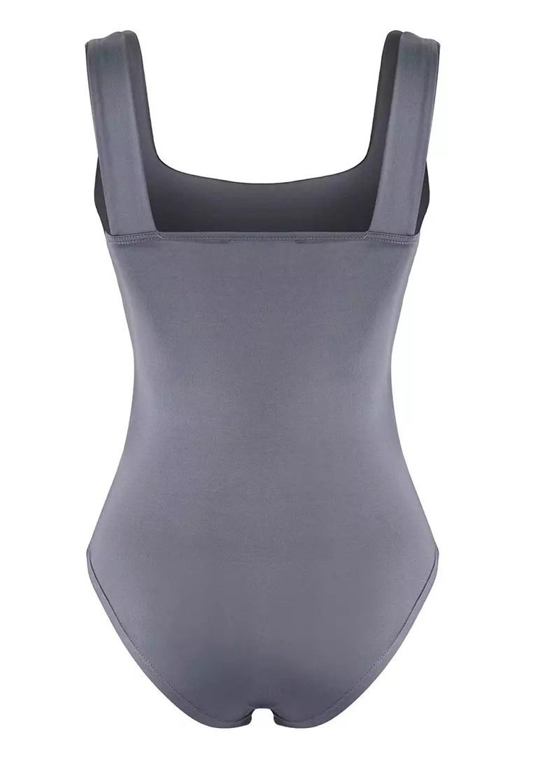 Anthracite Fitted/Fits on the Body with Back Detail Square Neck Snap Elastic Knitted Bodysuit TWOSS24BD00026