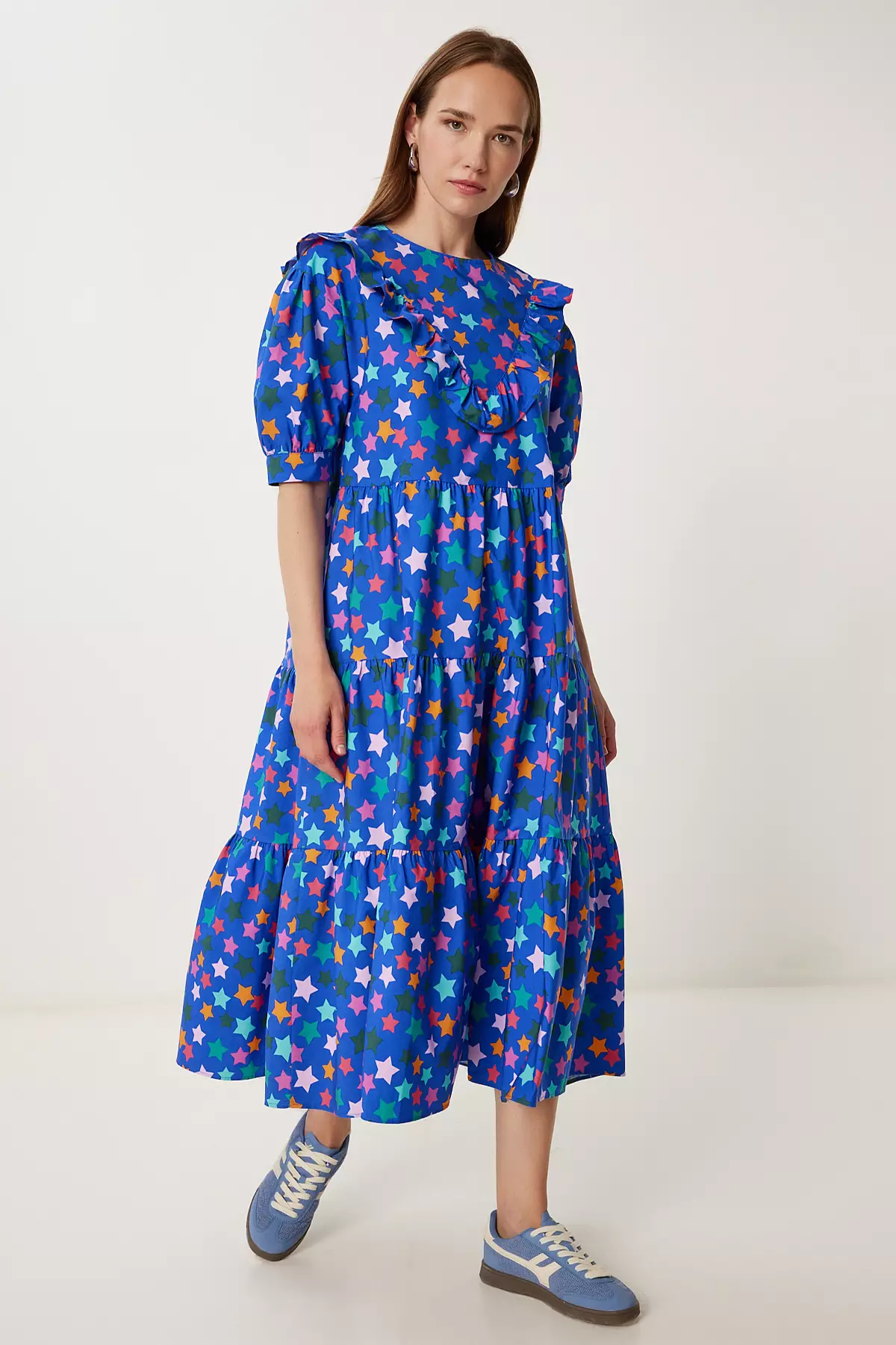 Women Dark Blue Patterned Summer Midi Poplin Dress Fk00032