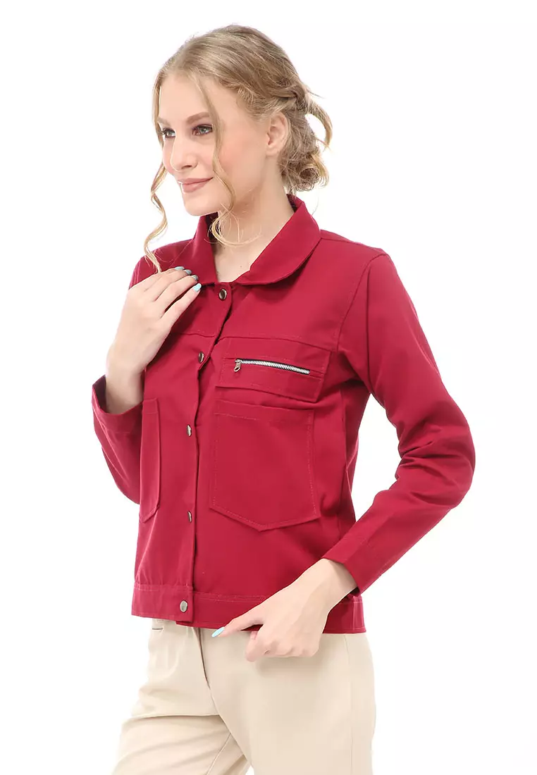 Hardwin Jacket Outer Wanita Jaket Pocket Zippy Material Baby Canvas ORIGINAL - Maroon