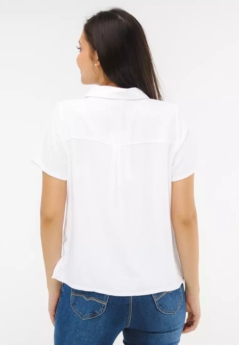 Bold Twill Rayon Short Sleeves Button Down Blouse