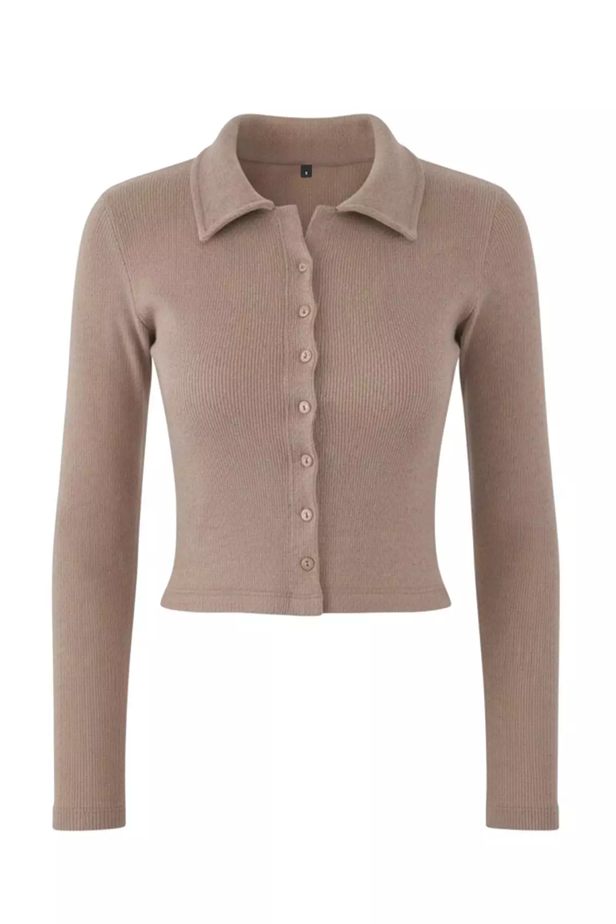 Dark Mink Button Detailed Crop Polo Collar Ribbed Flexible Knit Blouse Twoaw22Bz0522