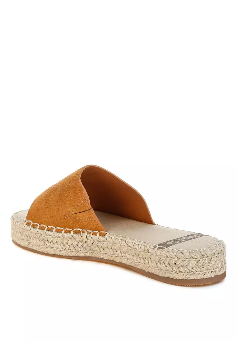 Sepatu Flat Espadrille Kulit Lembut Asli Warna Tan Muda