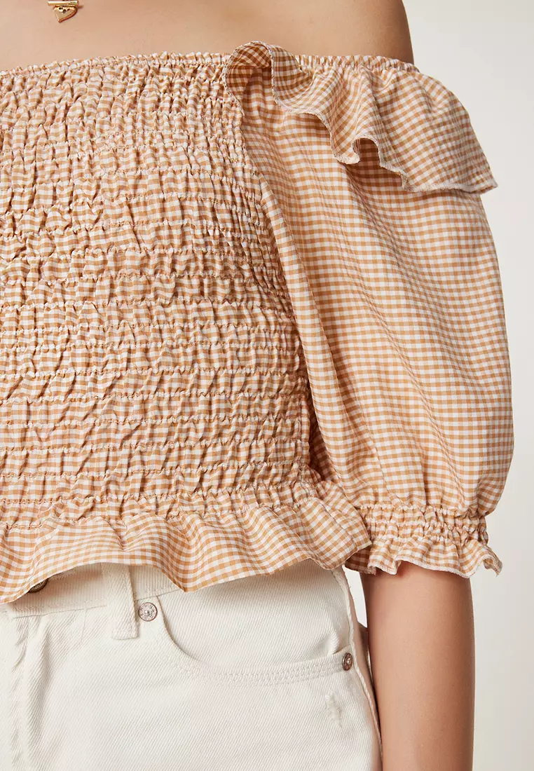Women's Biscuit Check Stretchy Crop Woven Blouse Tp00070