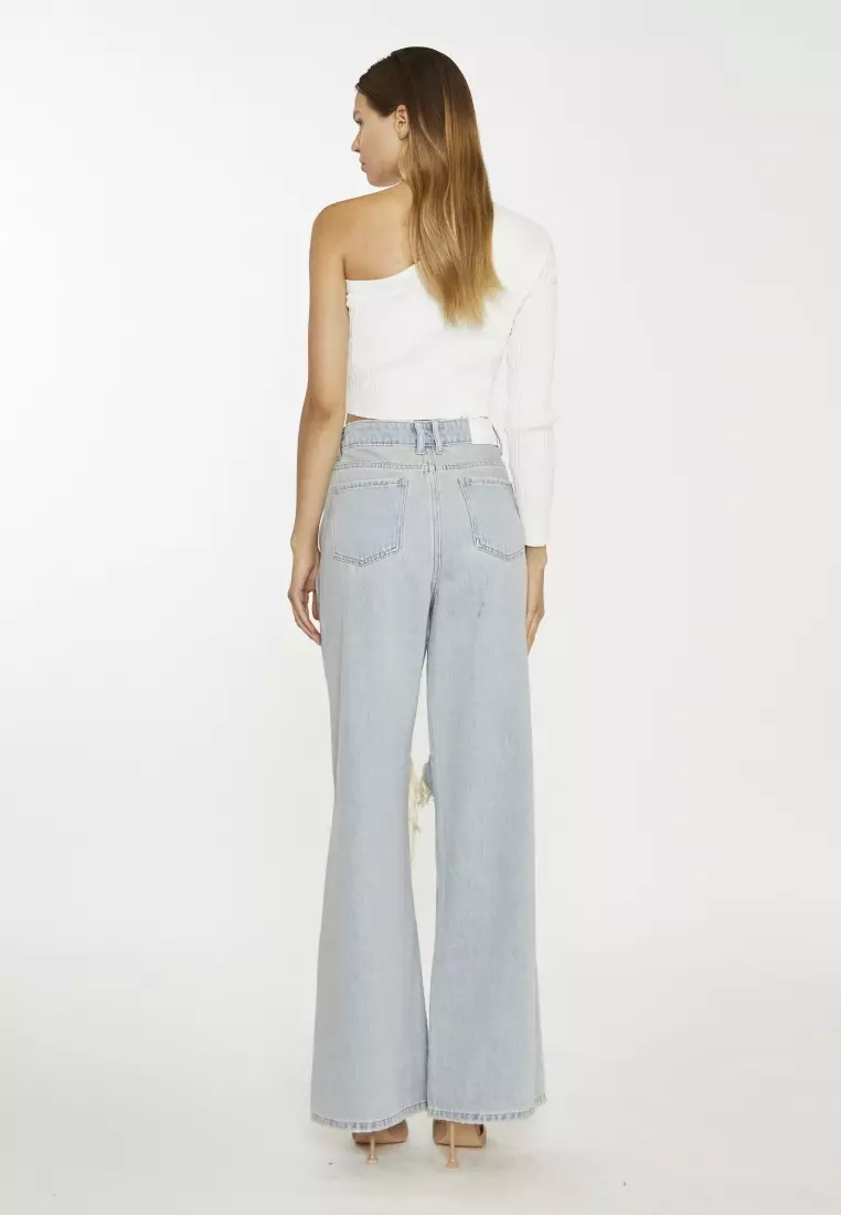 Wide-Leg Ripped Knee Jeans