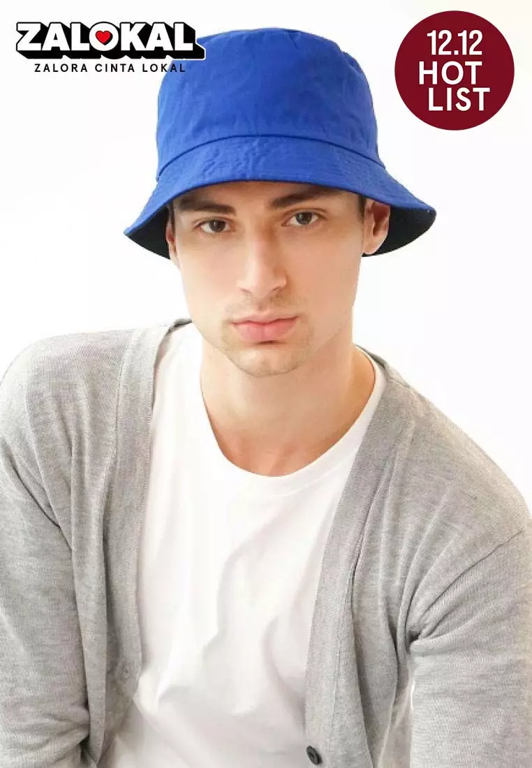 Houseofcuff Bucket Hat Topi Polos Bolak balik Biru - Hitam - Biru Hitam