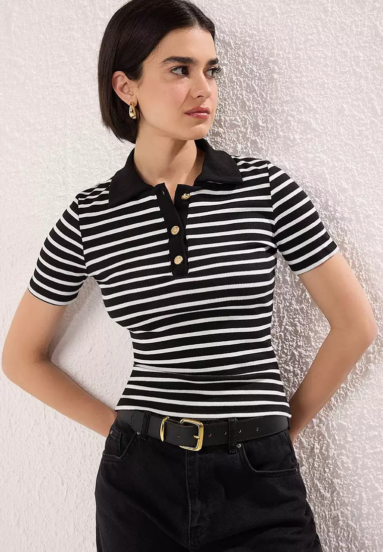 Black Striped Fitted/Fitted Stretch Knitted Blouse Twoss25Bz00544