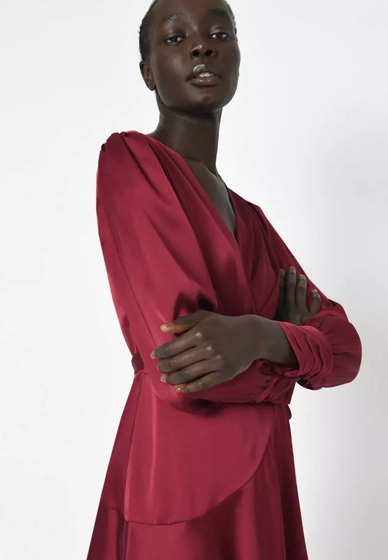 Red silk clearance long sleeve dress