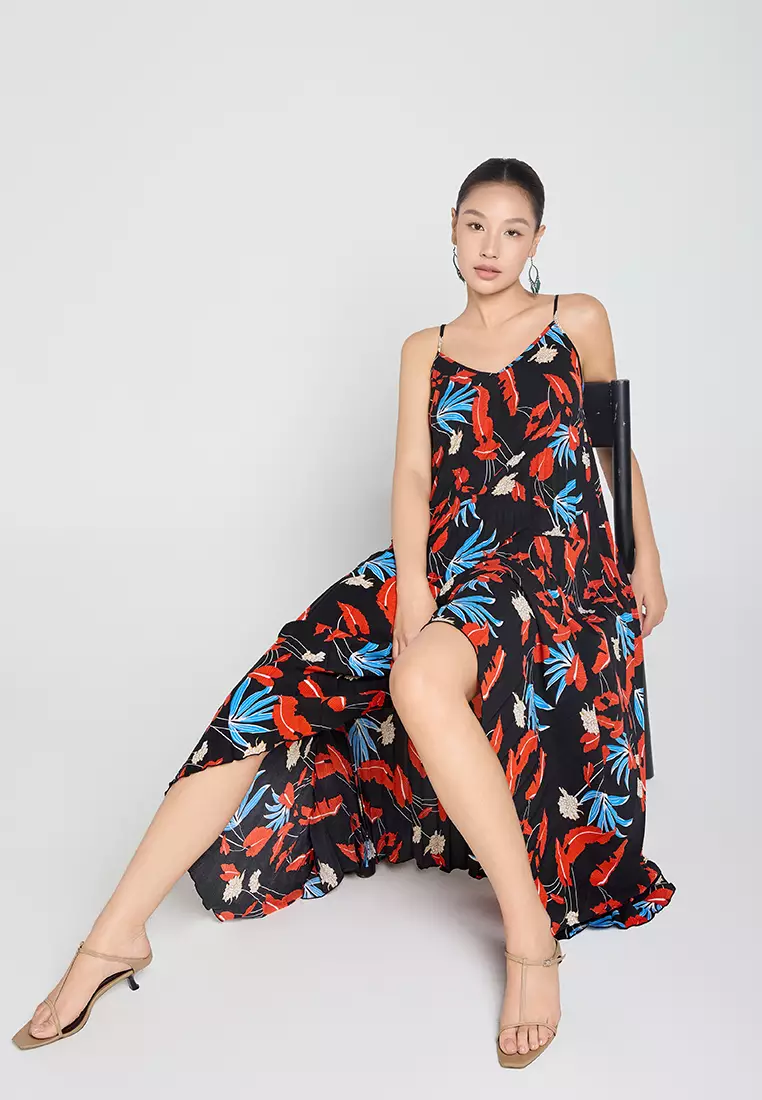 Flowy Pleated Maxi Dress with Spaghetti Straps