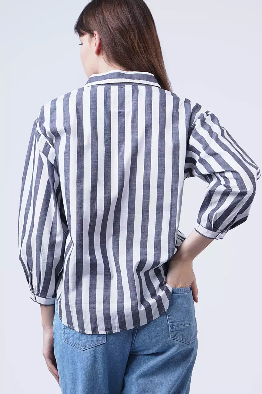 Kemeja Wanita Gracia Stripe Black Offwhite