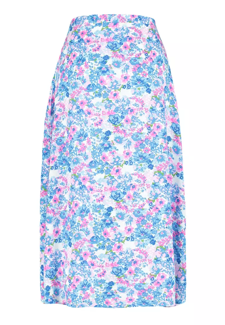 Indigo-Ecru Midi Skirt with Floral Pattern and Viscose Fabric with a Slit Detailed Detail