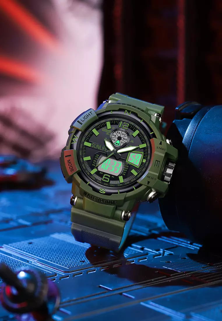 Jam Tangan Pria Digital&Analog Olahraga Bercahaya Multifungsi Alarm Jam Tangan Cowok D007 greenblack
