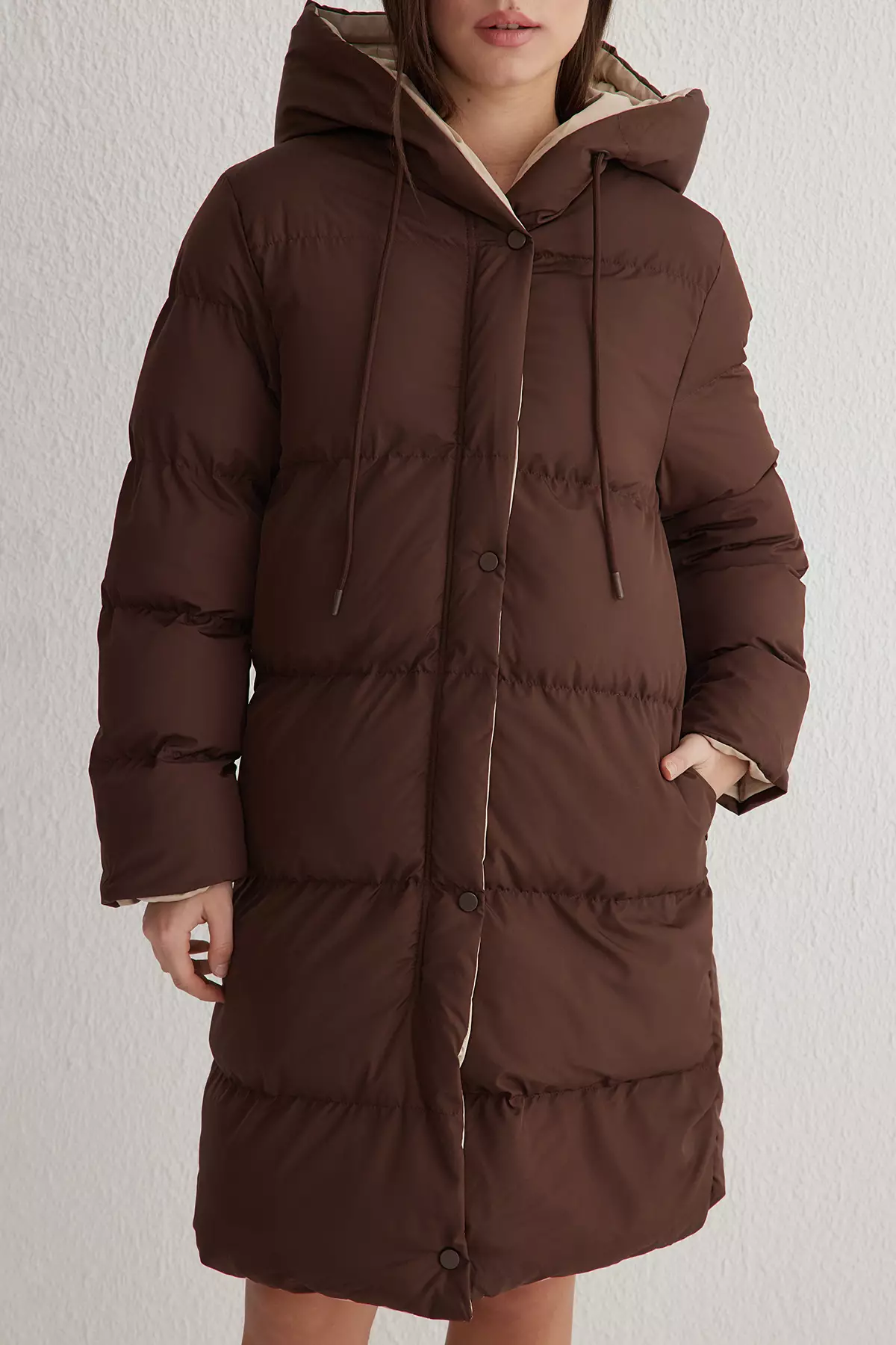 Dark Brown Ecru Double Sided Regular Fit Hooded Water Repellent Long Down Coat