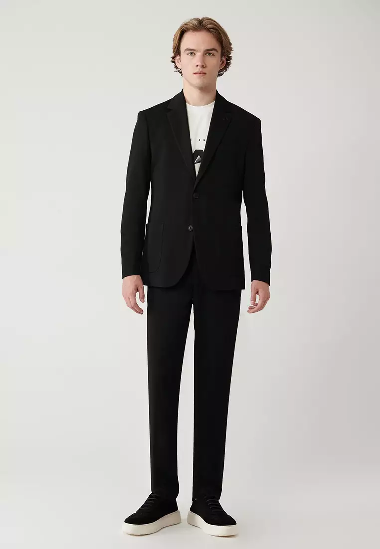 Men's Black Mono Collar Lined Slit Jersey Fabric Jacket B004000